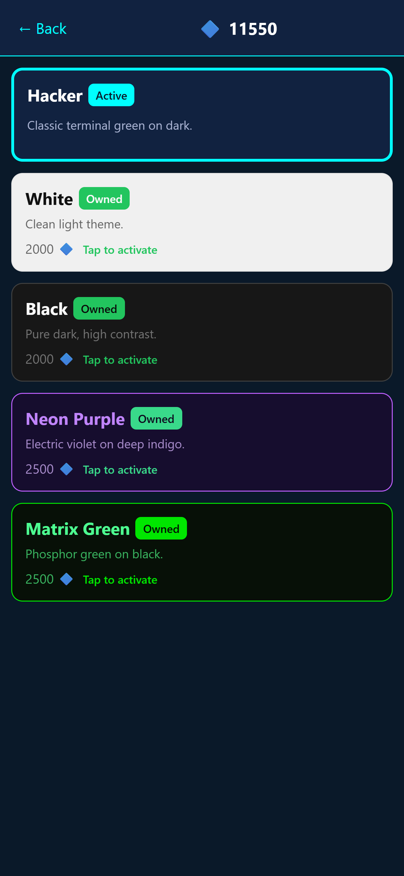 Cipherly theme selection screen